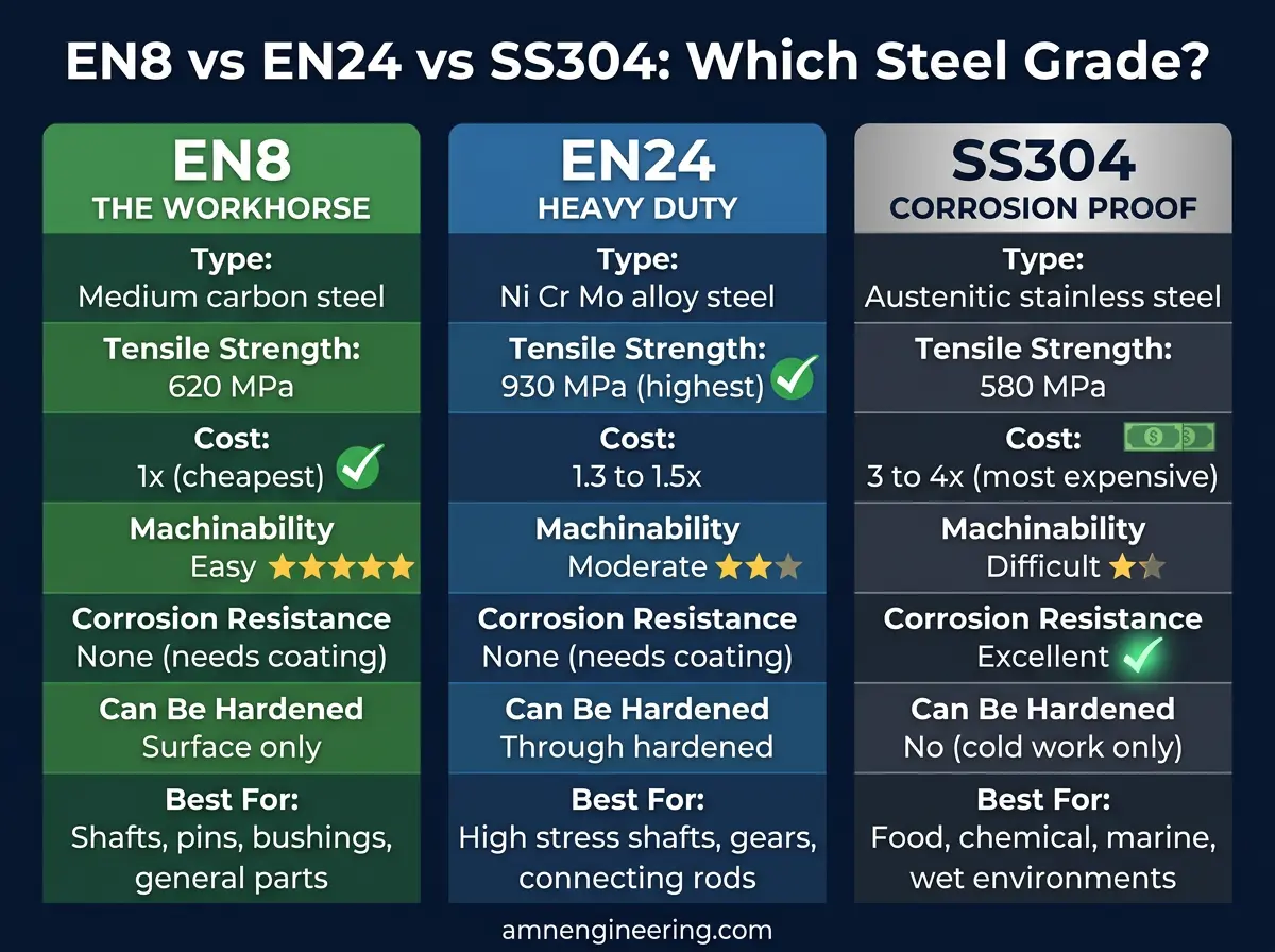 EN8 vs EN24 vs SS304 comparison chart showing differences in strength, machinability, corrosion resistance, cost, and best applications